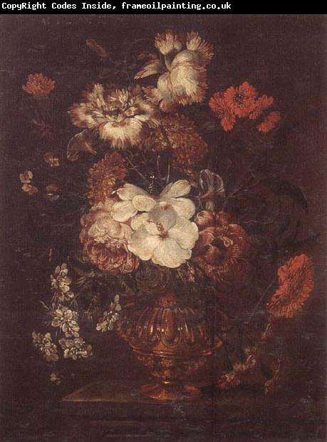 unknow artist Still life of Roses,Carnations,Daisies,peonies and convulvuli in a gilt vase,upon a stone ledge